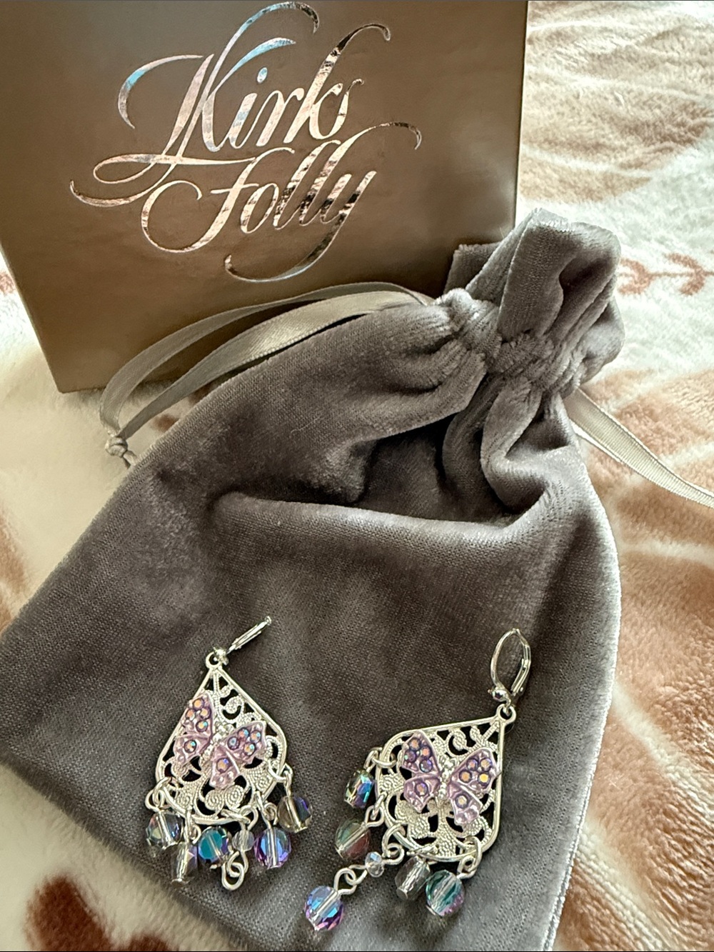Kirks Folly Silver Fantasia Butterfly Earrings with Iridescent Accents NIB